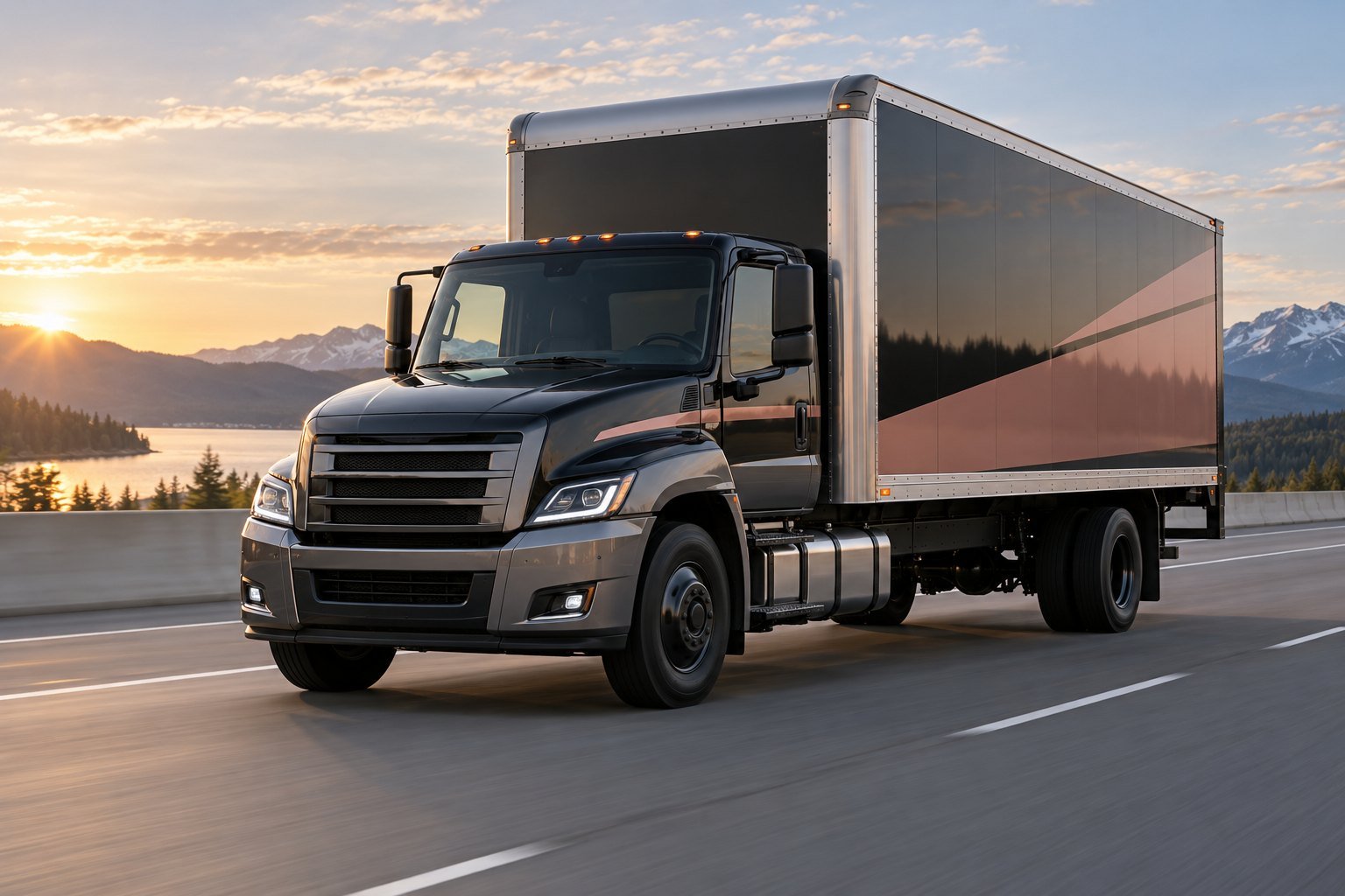 Modern straight box truck on an interstate