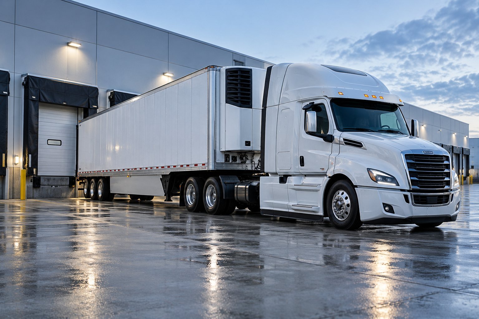White semi tractor with dry van trailer at a distribution center
